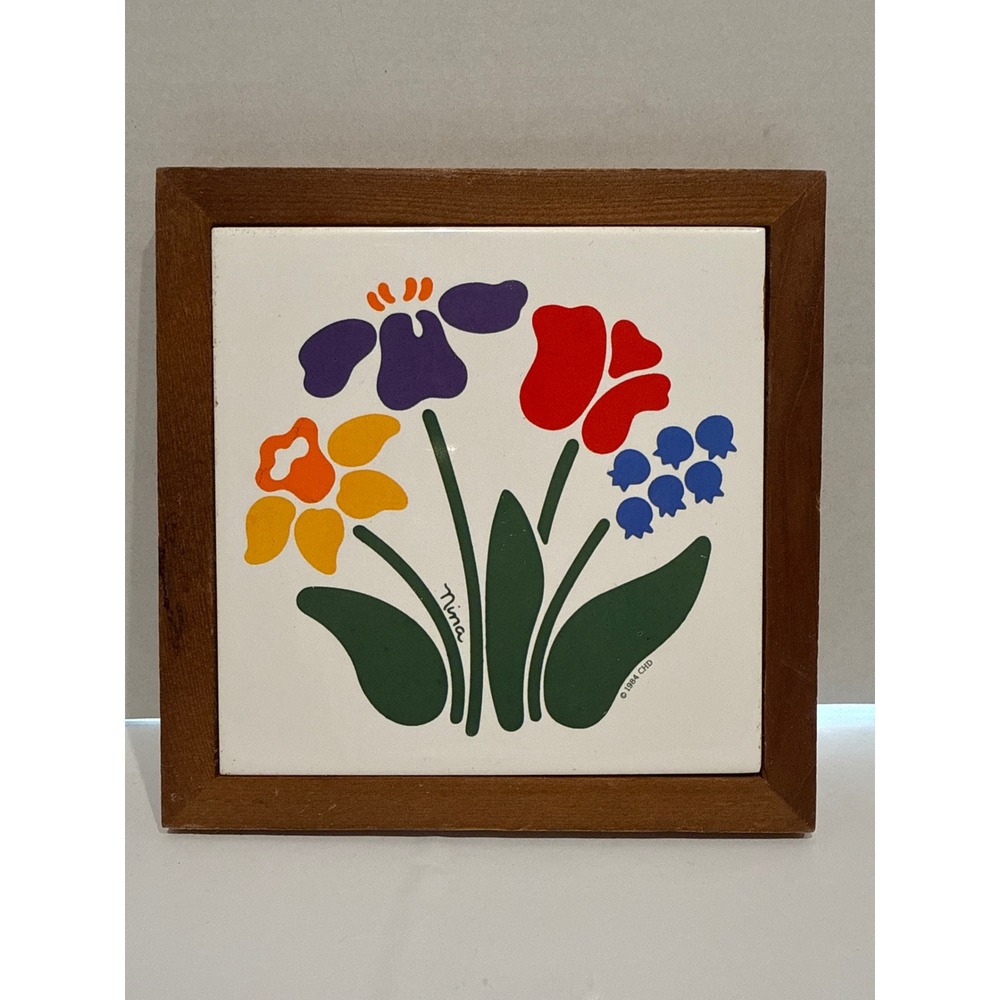 Vintage 1984 Nina CHD Floral Art Tile Ceramic Wood Trivet Decor Retro Flowers